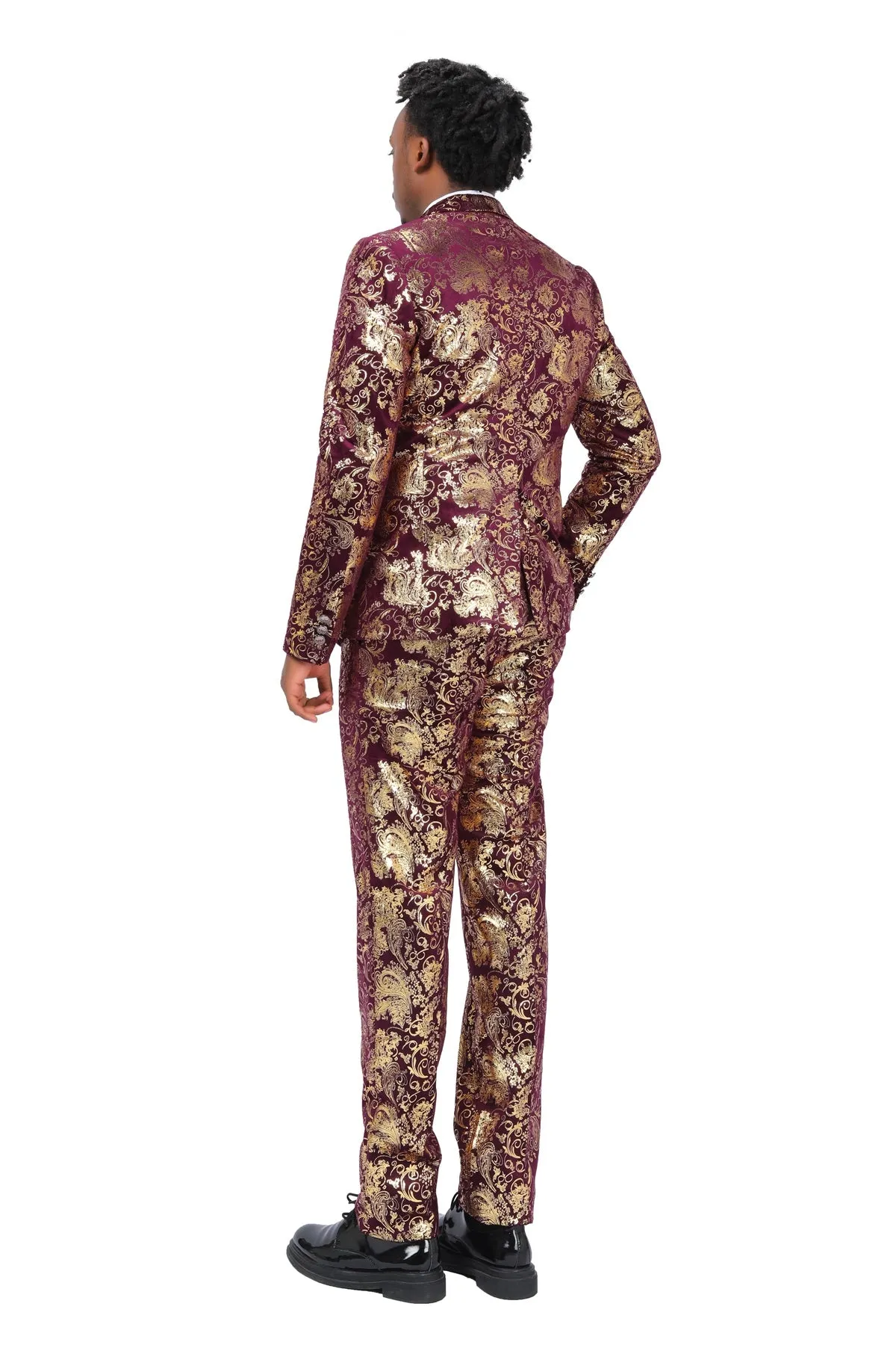 2-Piece Slim Fit Stylish Dress Floral Suit Red Gold