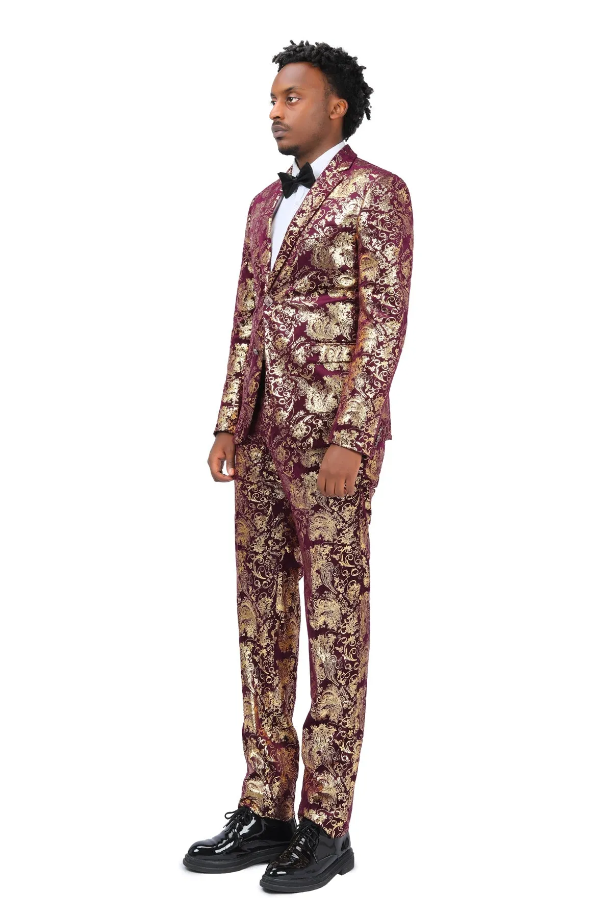 2-Piece Slim Fit Stylish Dress Floral Suit Red Gold