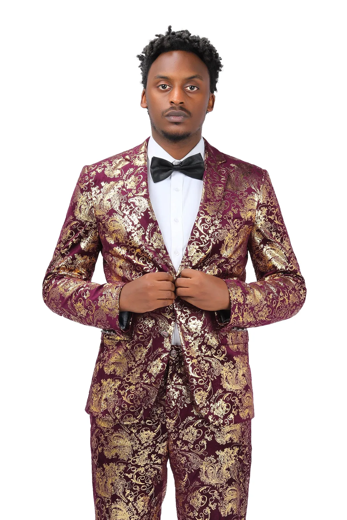 2-Piece Slim Fit Stylish Dress Floral Suit Red Gold