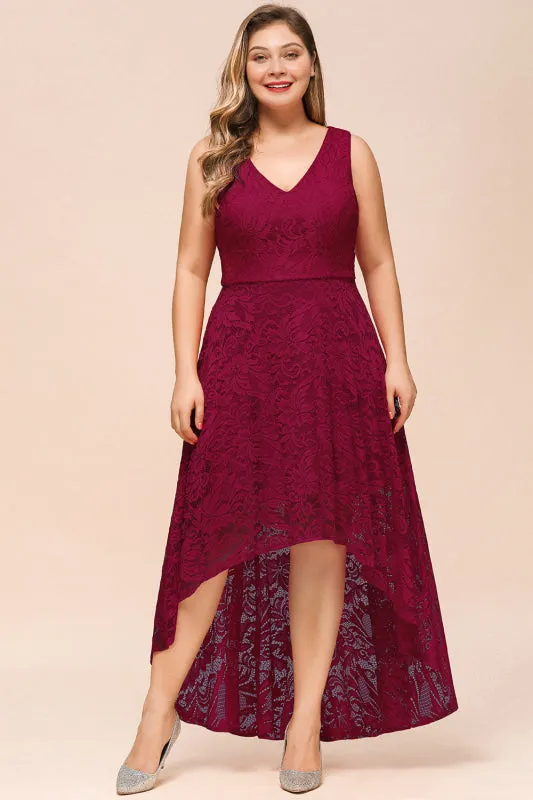 27prom V-neckA-line Hi-lo Burgundy Lace Dresses Party Wear Dress