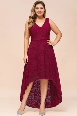 27prom V-neckA-line Hi-lo Burgundy Lace Dresses Party Wear Dress