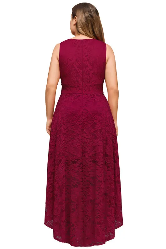 27prom V-neckA-line Hi-lo Burgundy Lace Dresses Party Wear Dress