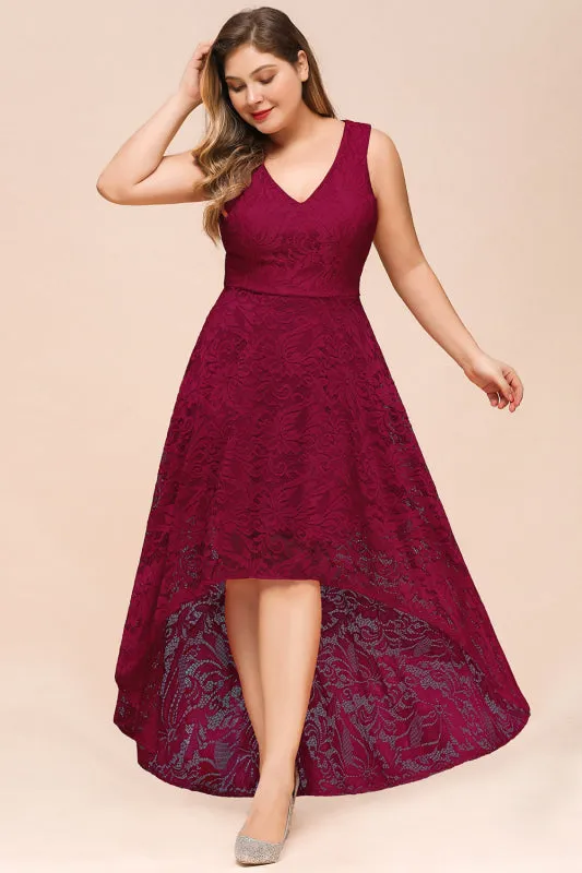 27prom V-neckA-line Hi-lo Burgundy Lace Dresses Party Wear Dress