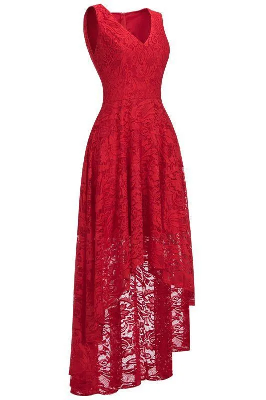 27prom V-neckA-line Hi-lo Burgundy Lace Dresses Party Wear Dress