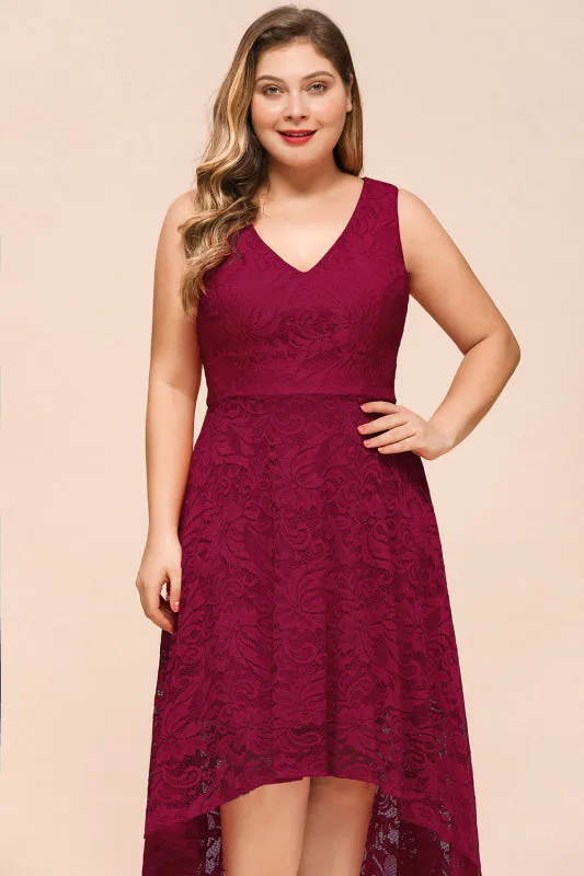 27prom V-neckA-line Hi-lo Burgundy Lace Dresses Party Wear Dress