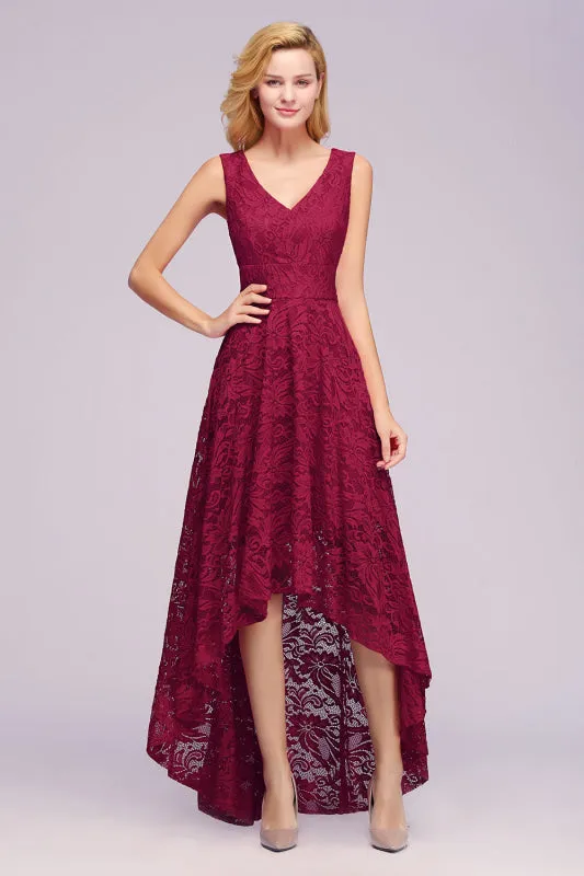 27prom V-neckA-line Hi-lo Burgundy Lace Dresses Party Wear Dress