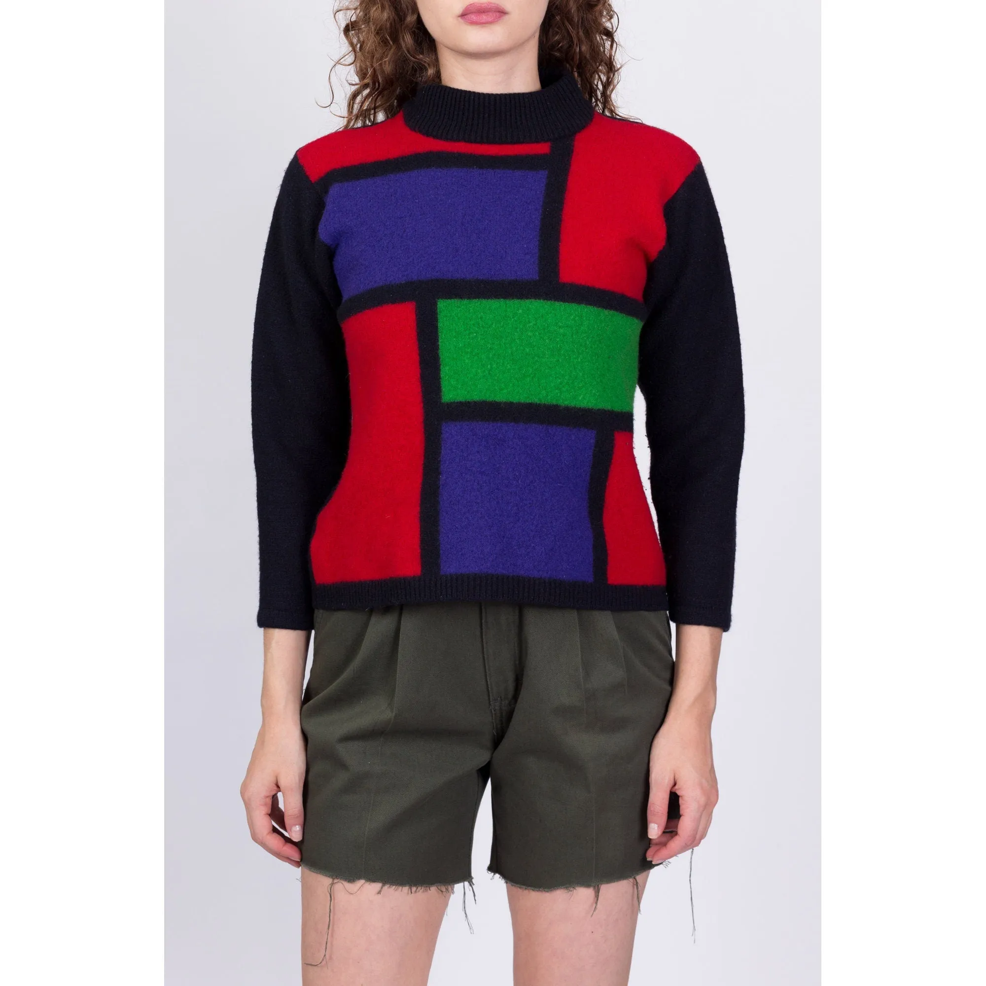 80s Mondrian Lambswool Knit Cropped Sweater - Petite Small