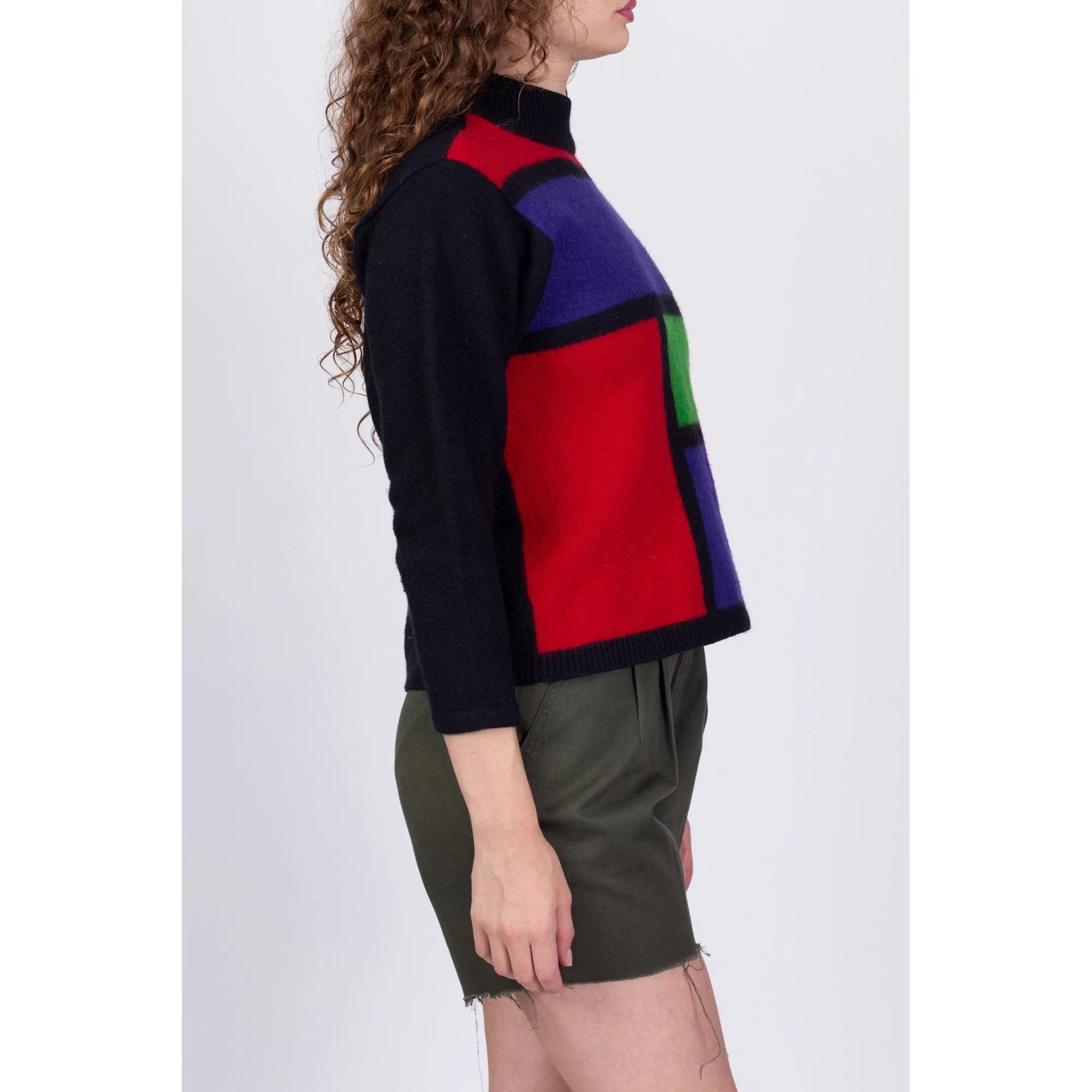 80s Mondrian Lambswool Knit Cropped Sweater - Petite Small