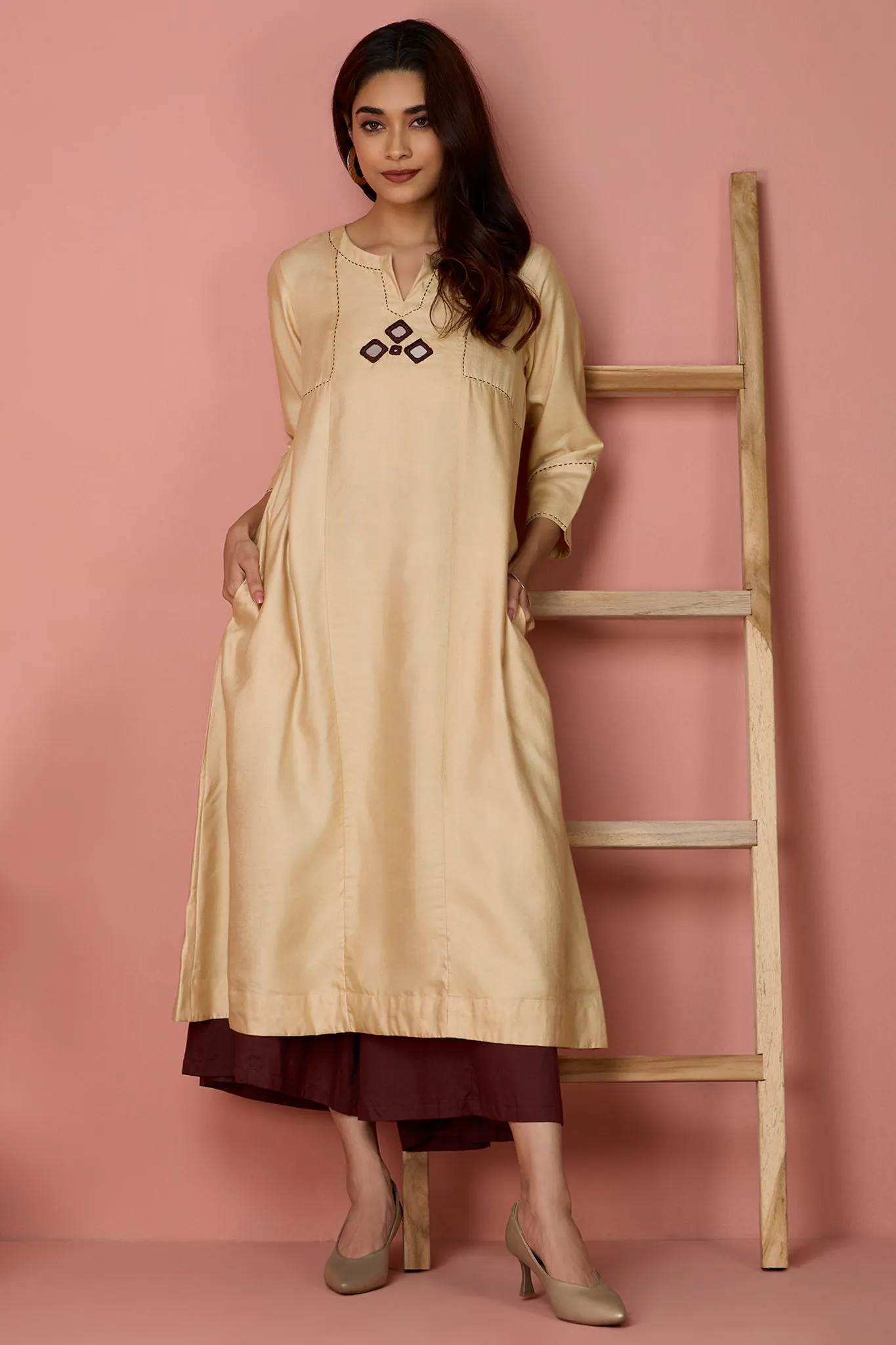 a-line panelled kurta with pockets - Lustrous Gold & Cocoa Glimmer