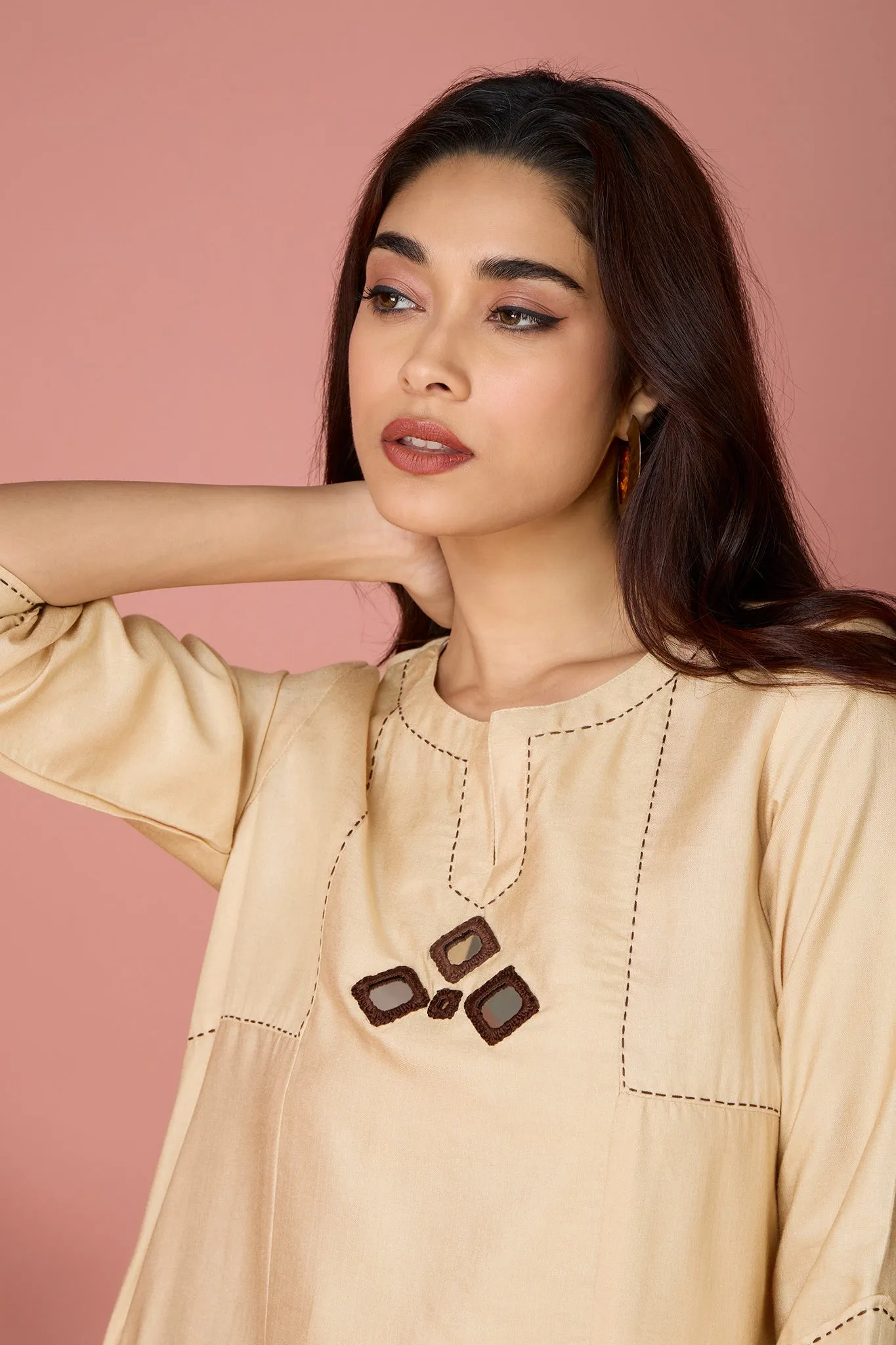 a-line panelled kurta with pockets - Lustrous Gold & Cocoa Glimmer