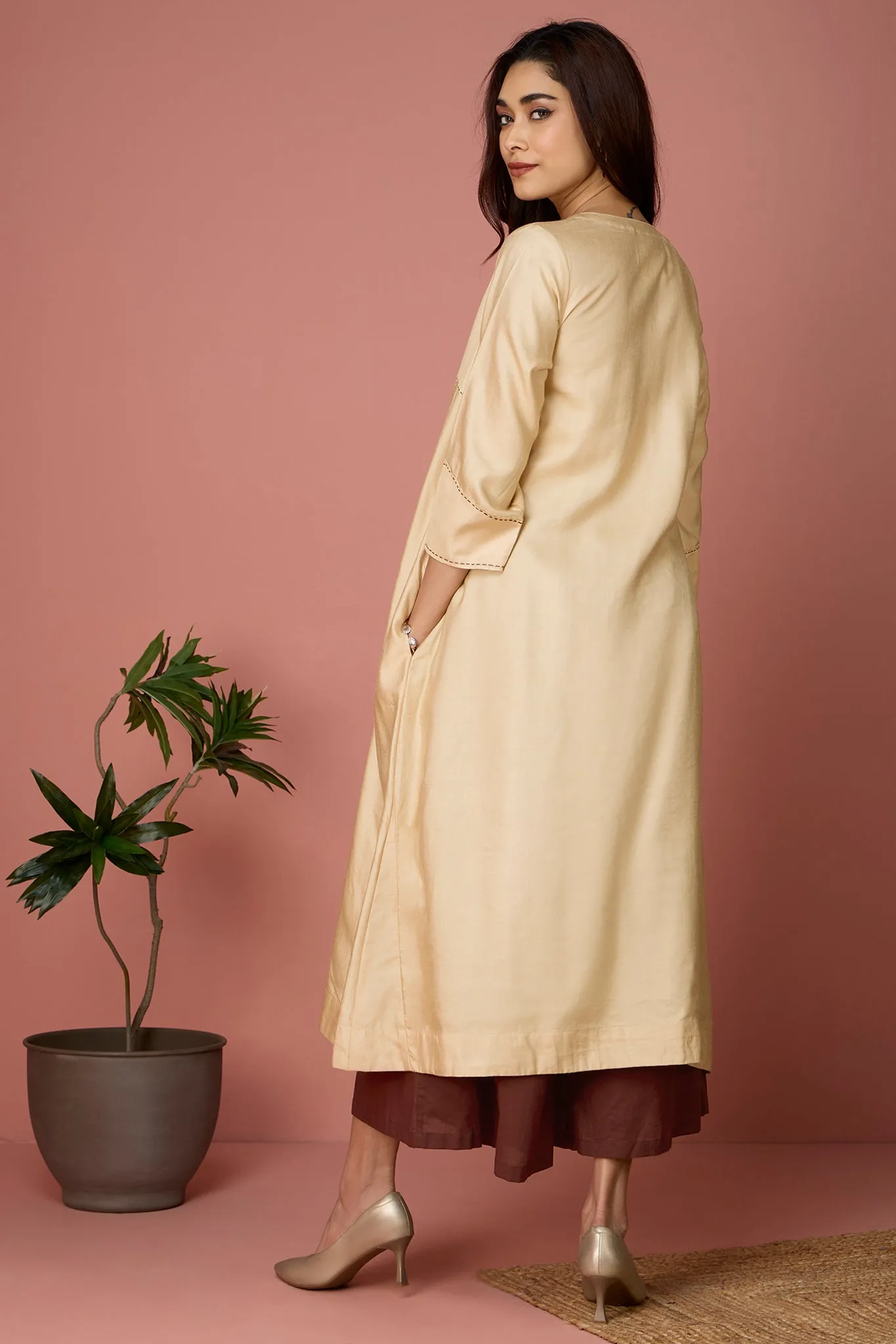 a-line panelled kurta with pockets - Lustrous Gold & Cocoa Glimmer