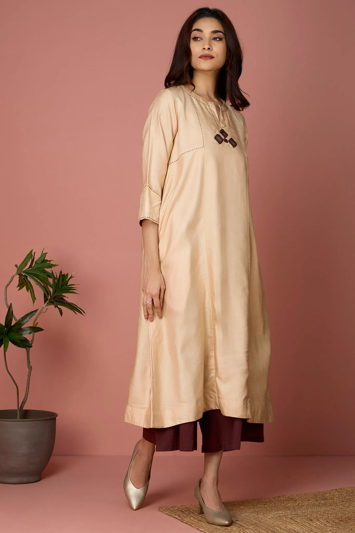 a-line panelled kurta with pockets - Lustrous Gold & Cocoa Glimmer