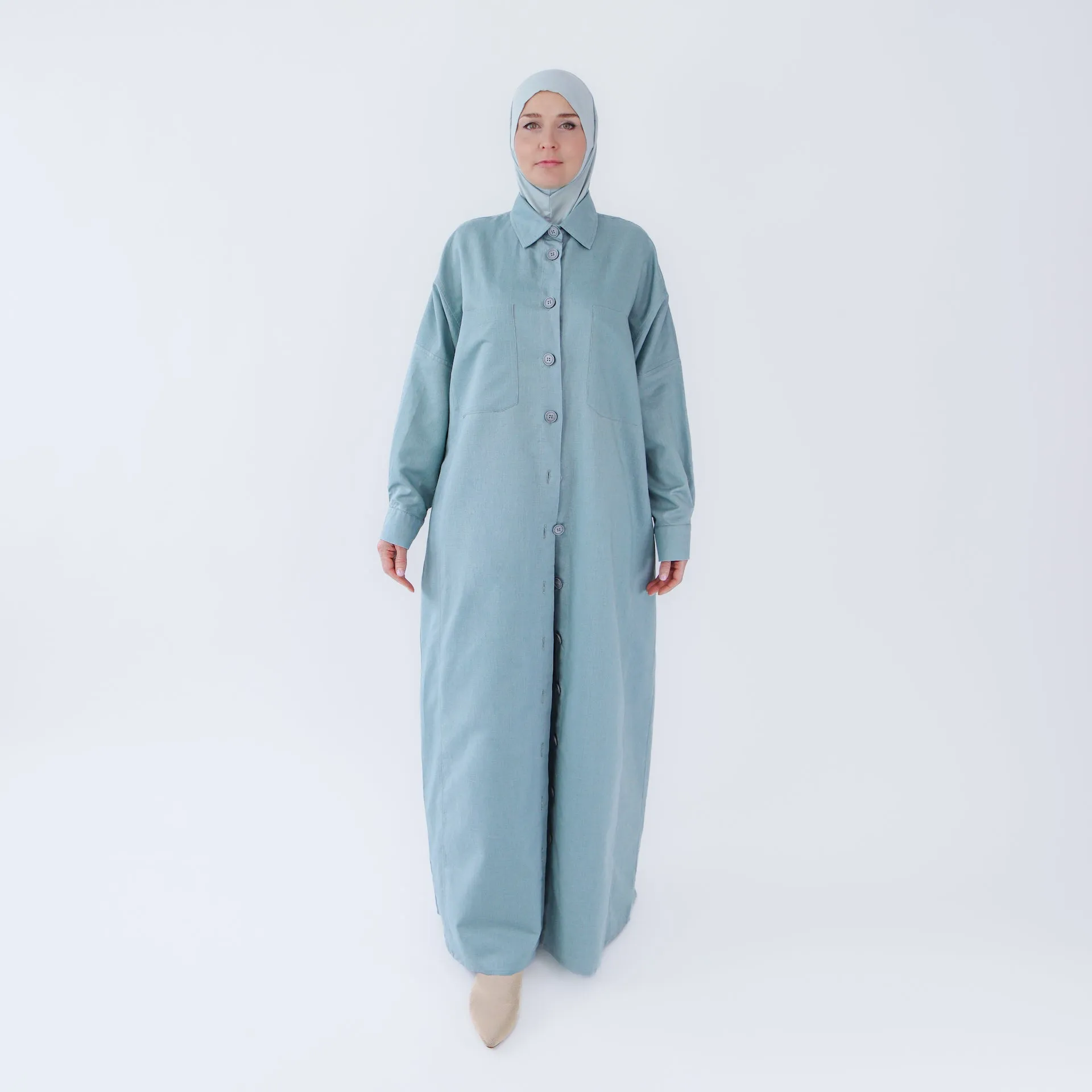 Abaya dress style maxi dress for women with wide trousers "Blue Linen"