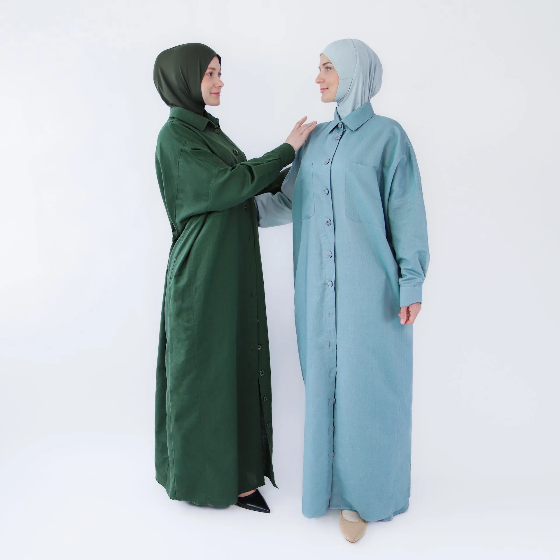 Abaya dress style maxi dress for women with wide trousers "Blue Linen"