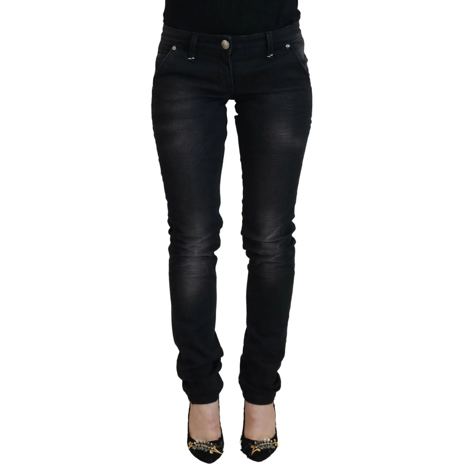 Acht Sleek Black Washed Low Waist Skinny Jeans