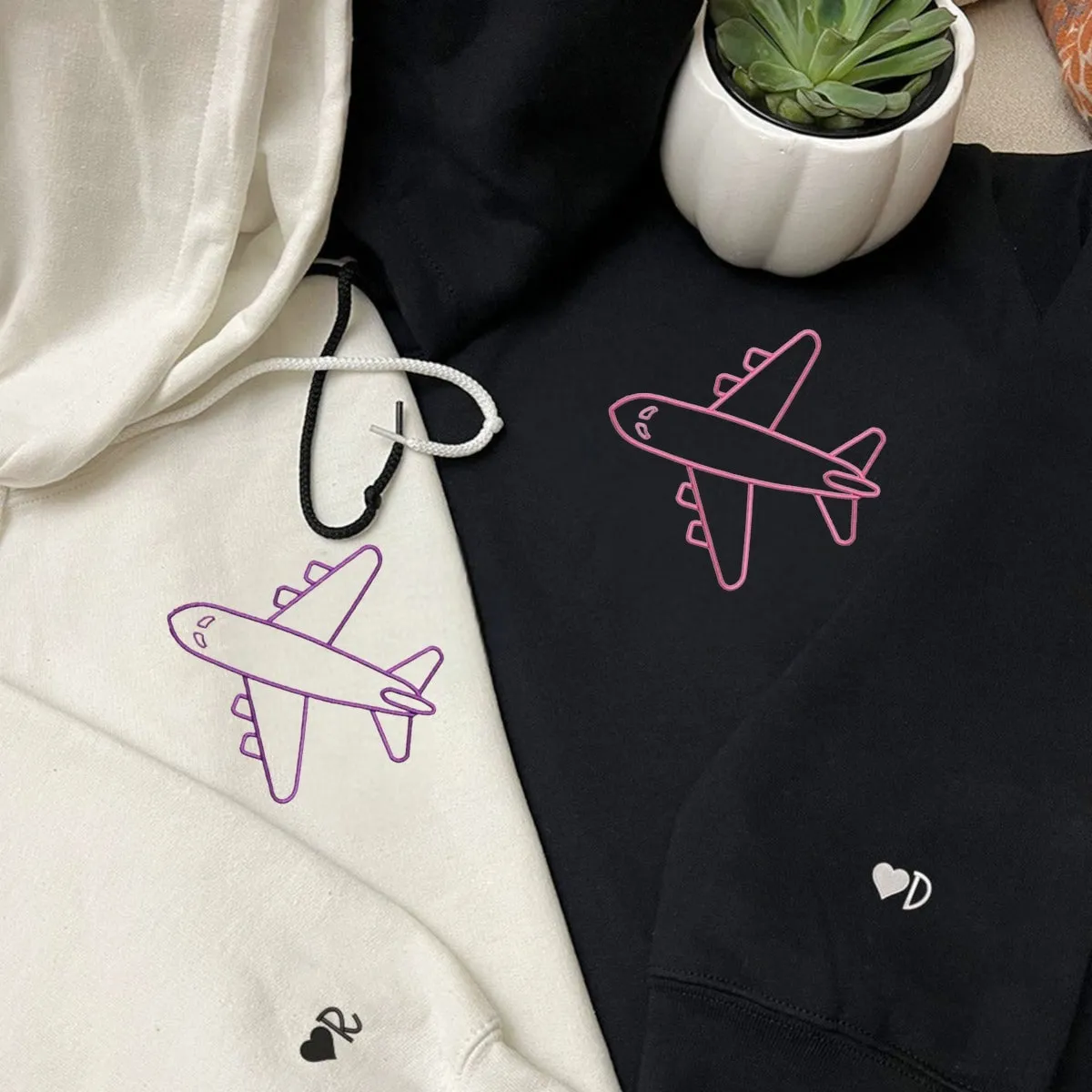 Airplane Matching Couple Hoodies - Custom Embroidered Sweatshirts For Couples