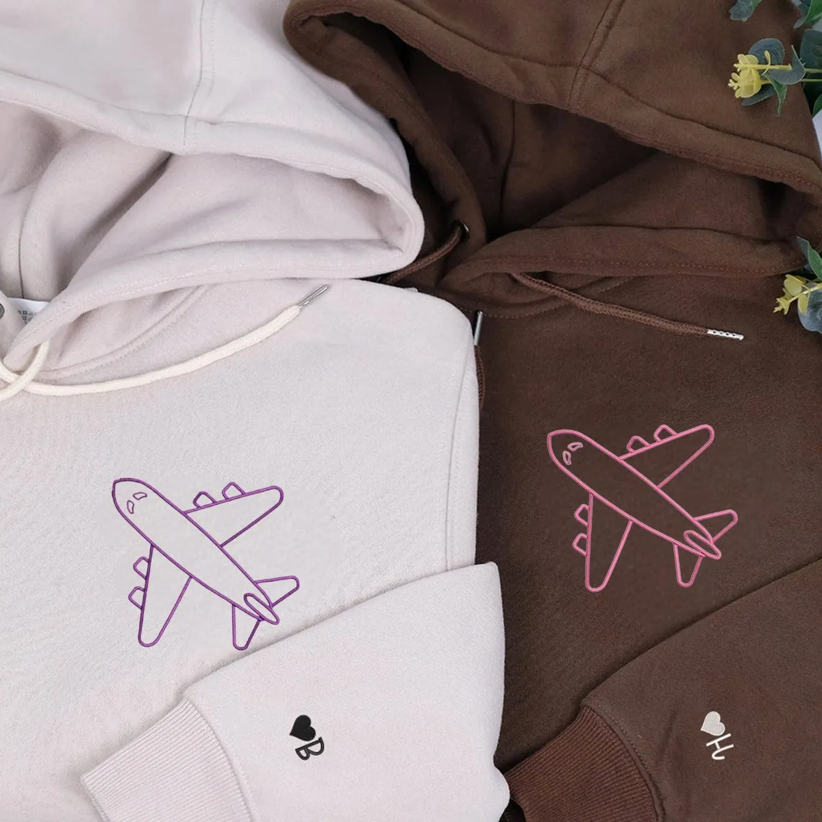 Airplane Matching Couple Hoodies - Custom Embroidered Sweatshirts For Couples