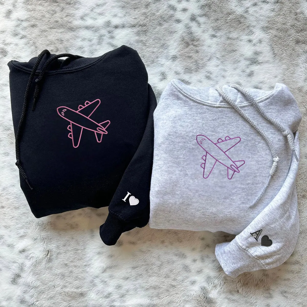 Airplane Matching Couple Hoodies - Custom Embroidered Sweatshirts For Couples