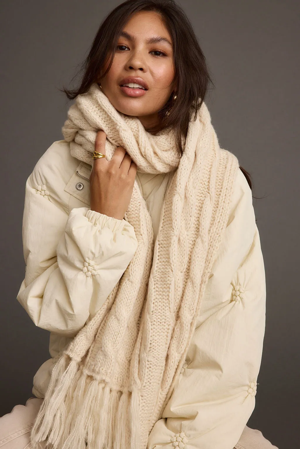 Alaska Cream Cable Knit Long Scarf