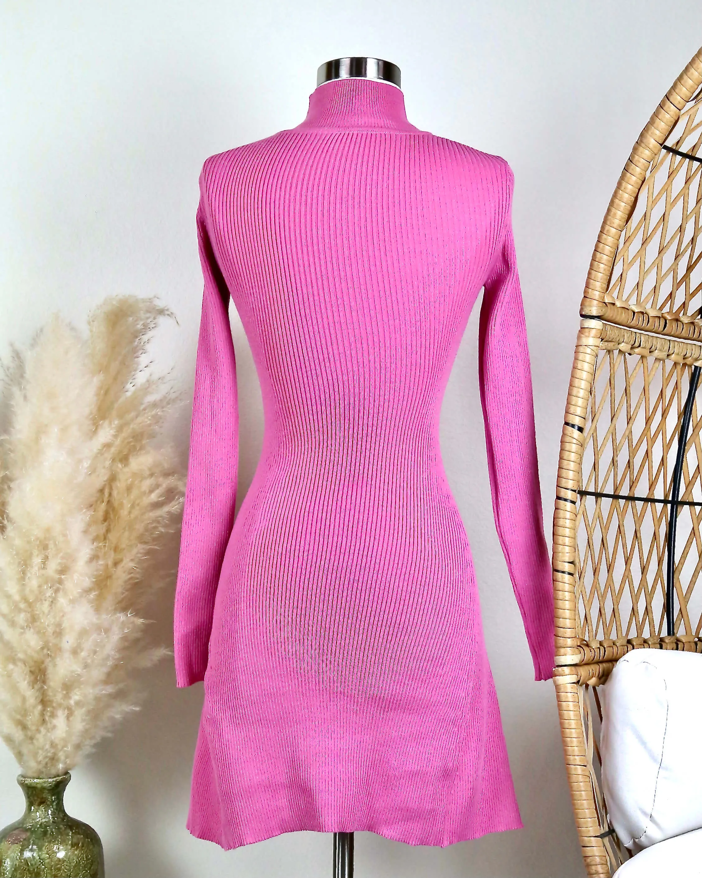 All The Rumors Are True Long Sleeve Ribbed Sweater Dress in Magenta