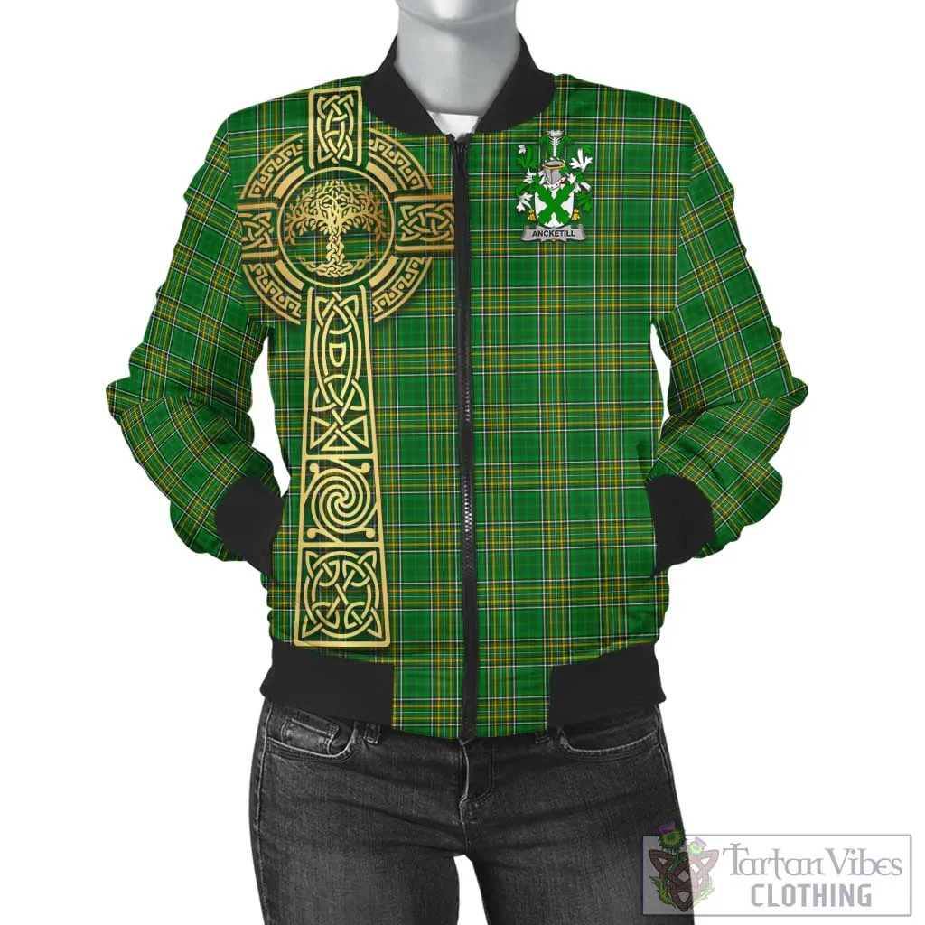 Ancketill Irish Clan Tartan Bomber Jacket with Coat of Arms Celtic Tree of Life Style