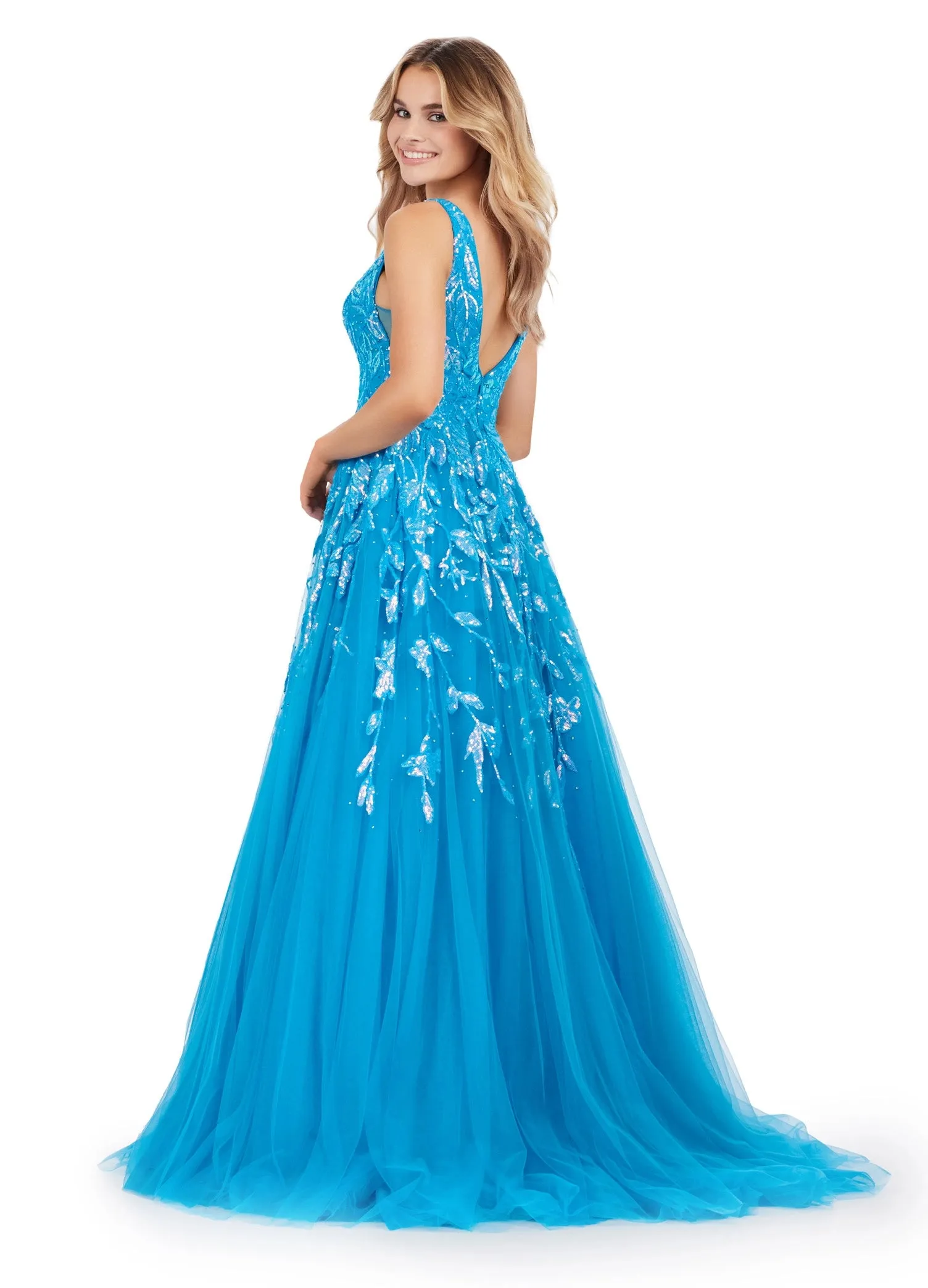 Ashley Lauren 11470 Sequin A Line Tulle Ballgown Prom Dress V Neck Formal Gown