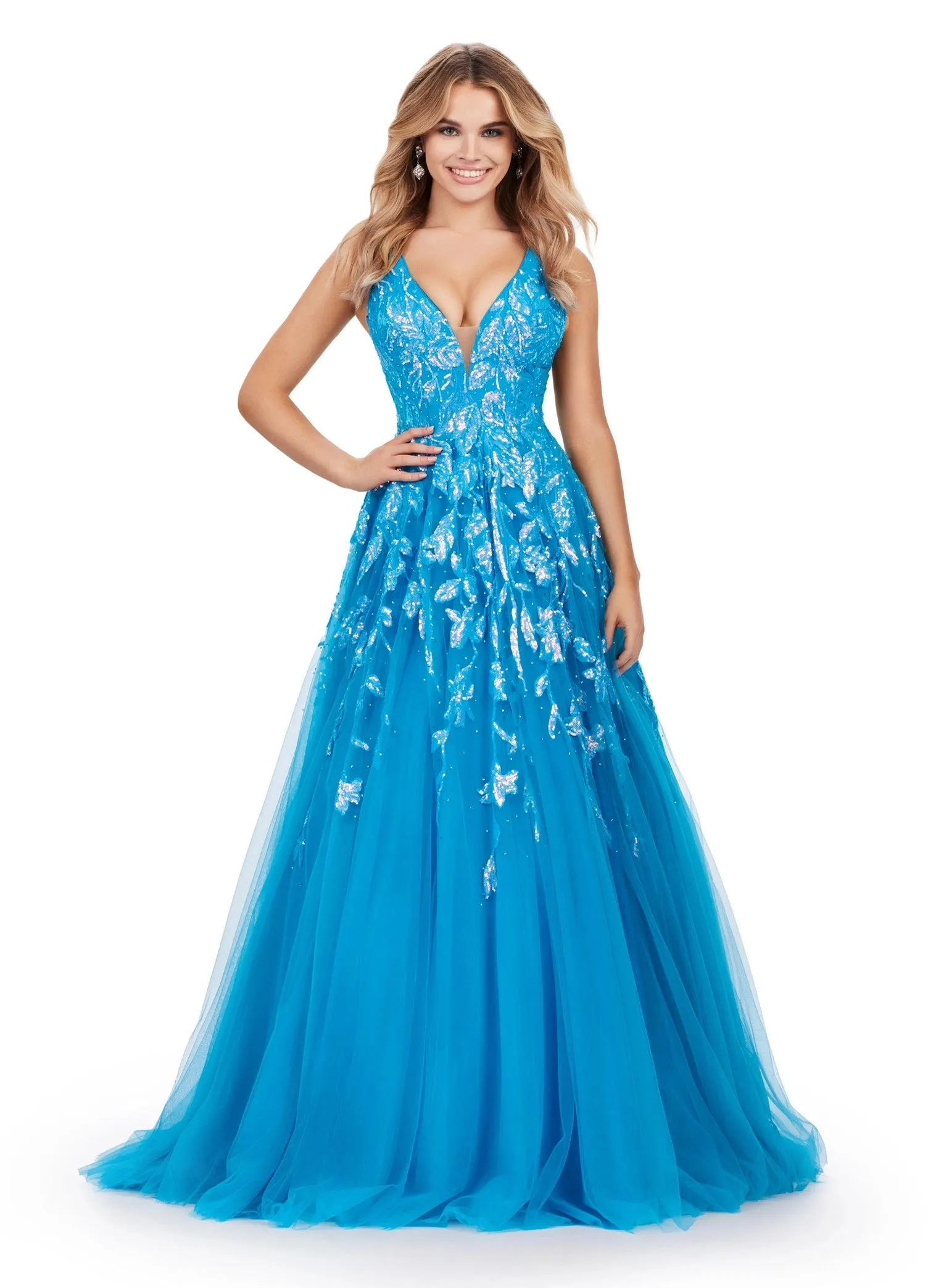 Ashley Lauren 11470 Sequin A Line Tulle Ballgown Prom Dress V Neck Formal Gown