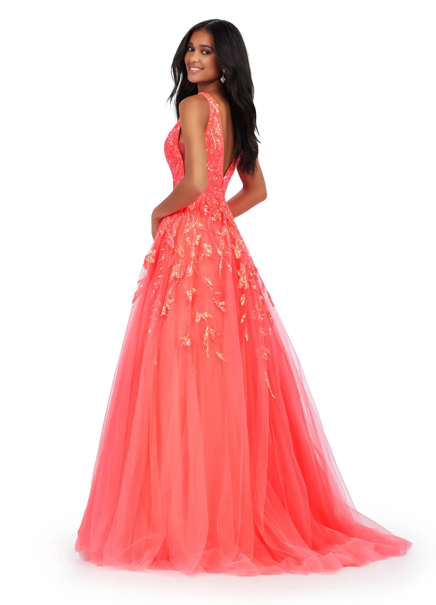 Ashley Lauren 11470 Sequin A Line Tulle Ballgown Prom Dress V Neck Formal Gown