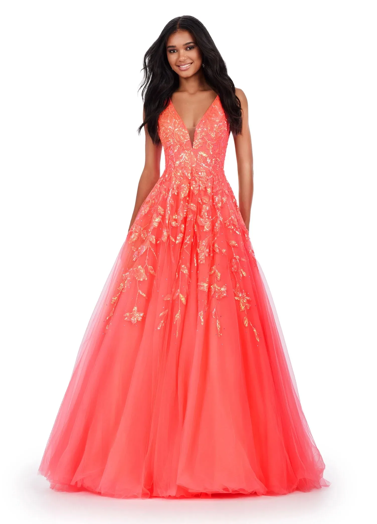 Ashley Lauren 11470 Size 22 Neon Coral Sequin A Line Tulle Ballgown Prom Dress V Neck Formal Gown