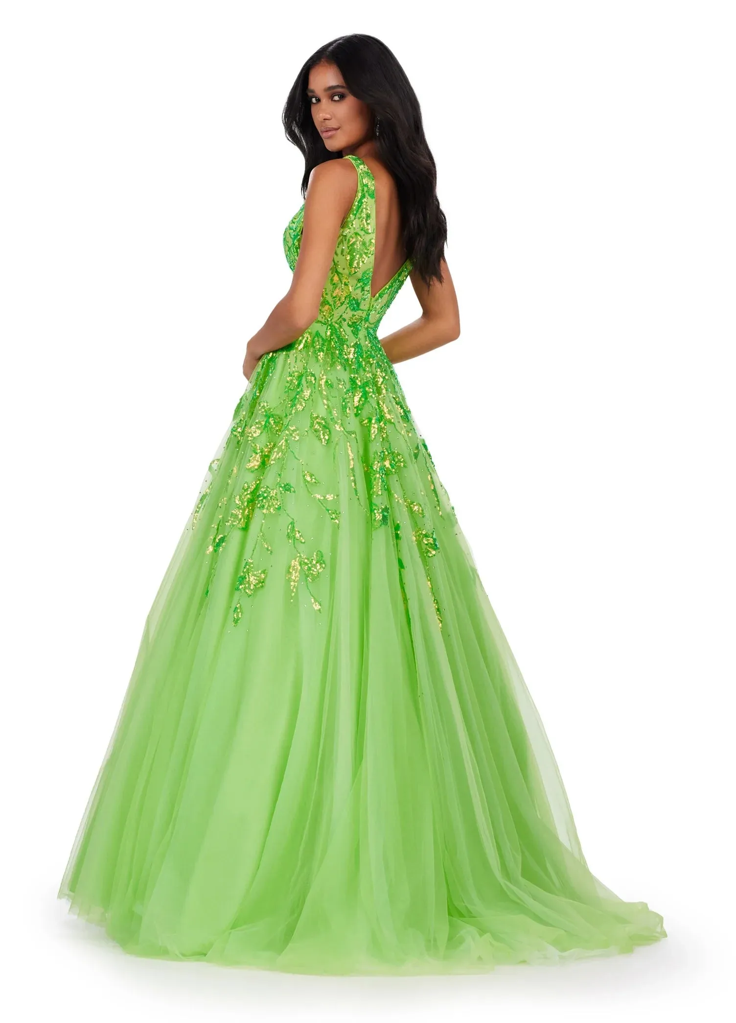 Ashley Lauren 11470 Size 22 Neon Coral Sequin A Line Tulle Ballgown Prom Dress V Neck Formal Gown