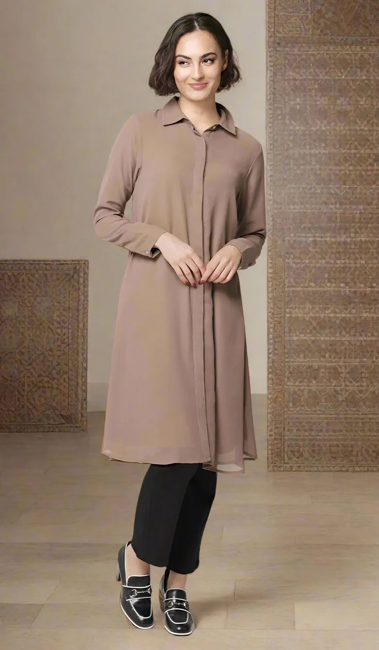 Asra Long Flowy Buttondown Shirt Jacket - Mocha