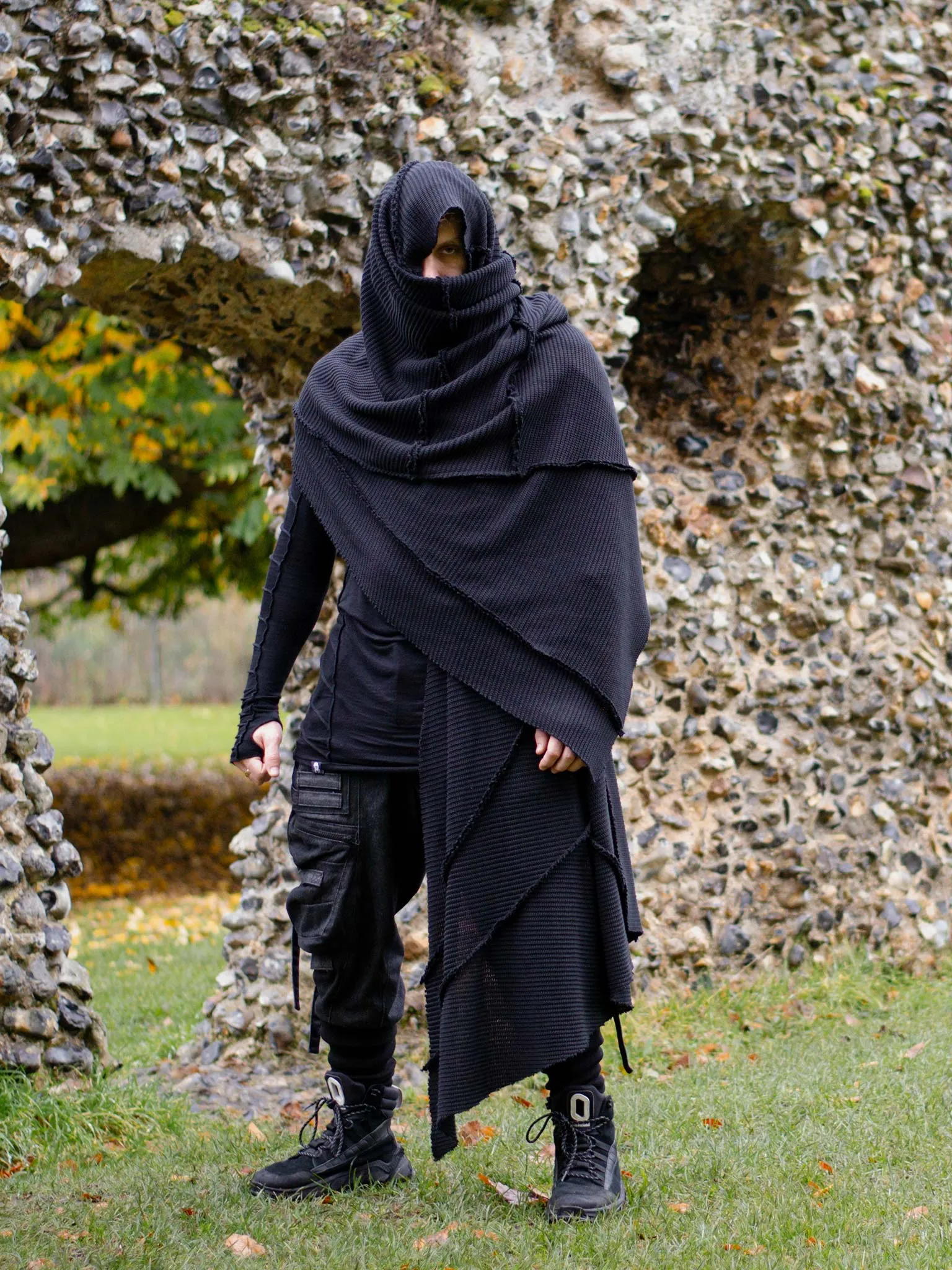 Athos Oversized Knitted Scarf with Dystopian Details - Black