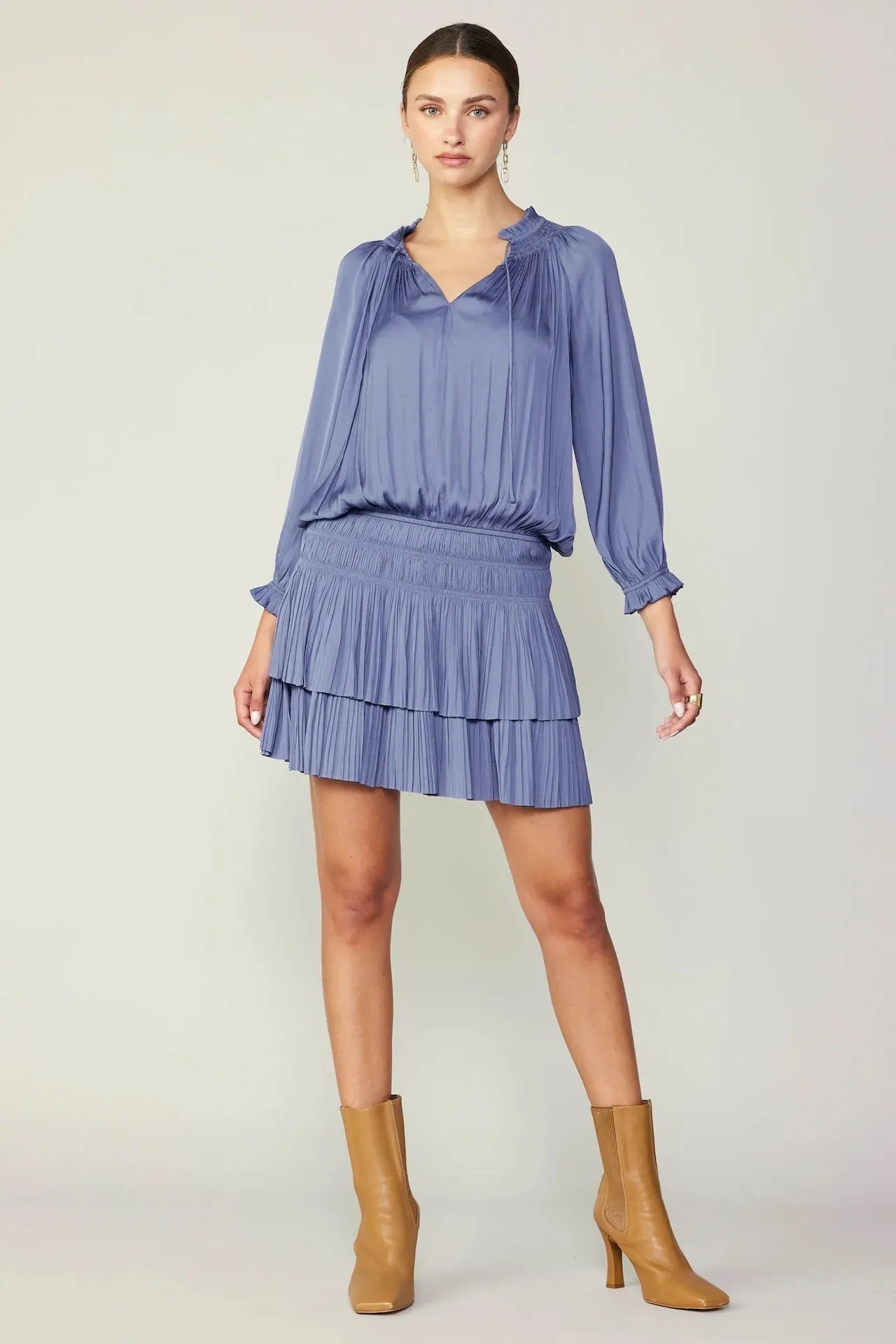 Aurelie Pleated Mini Dress - Dusty Blue