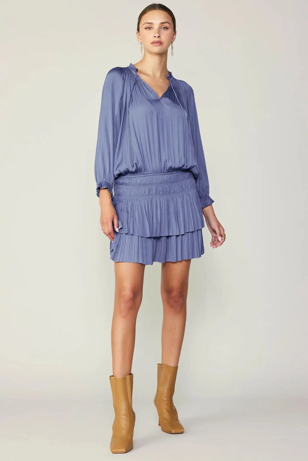 Aurelie Pleated Mini Dress - Dusty Blue