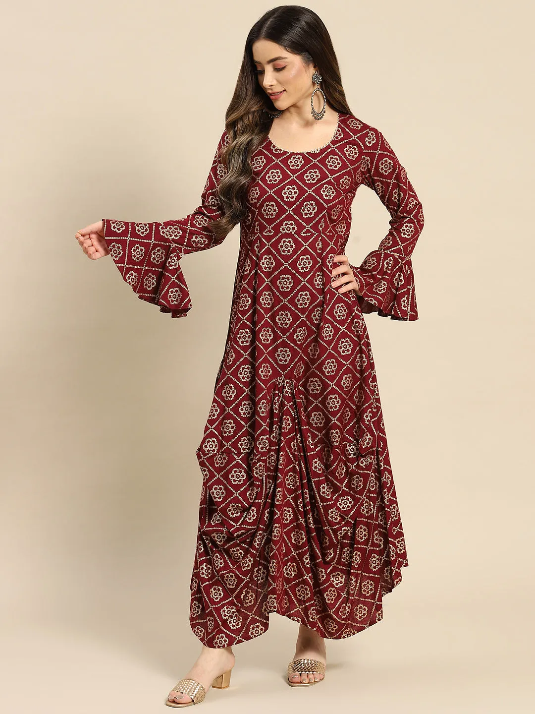 Bell Sleeve Long dress with front drape