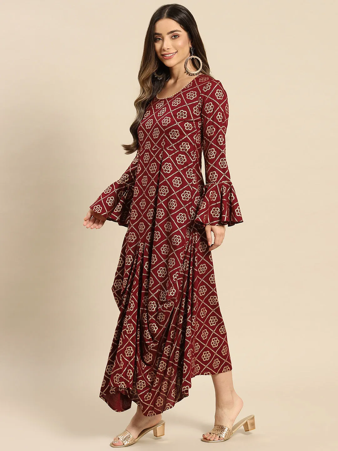 Bell Sleeve Long dress with front drape