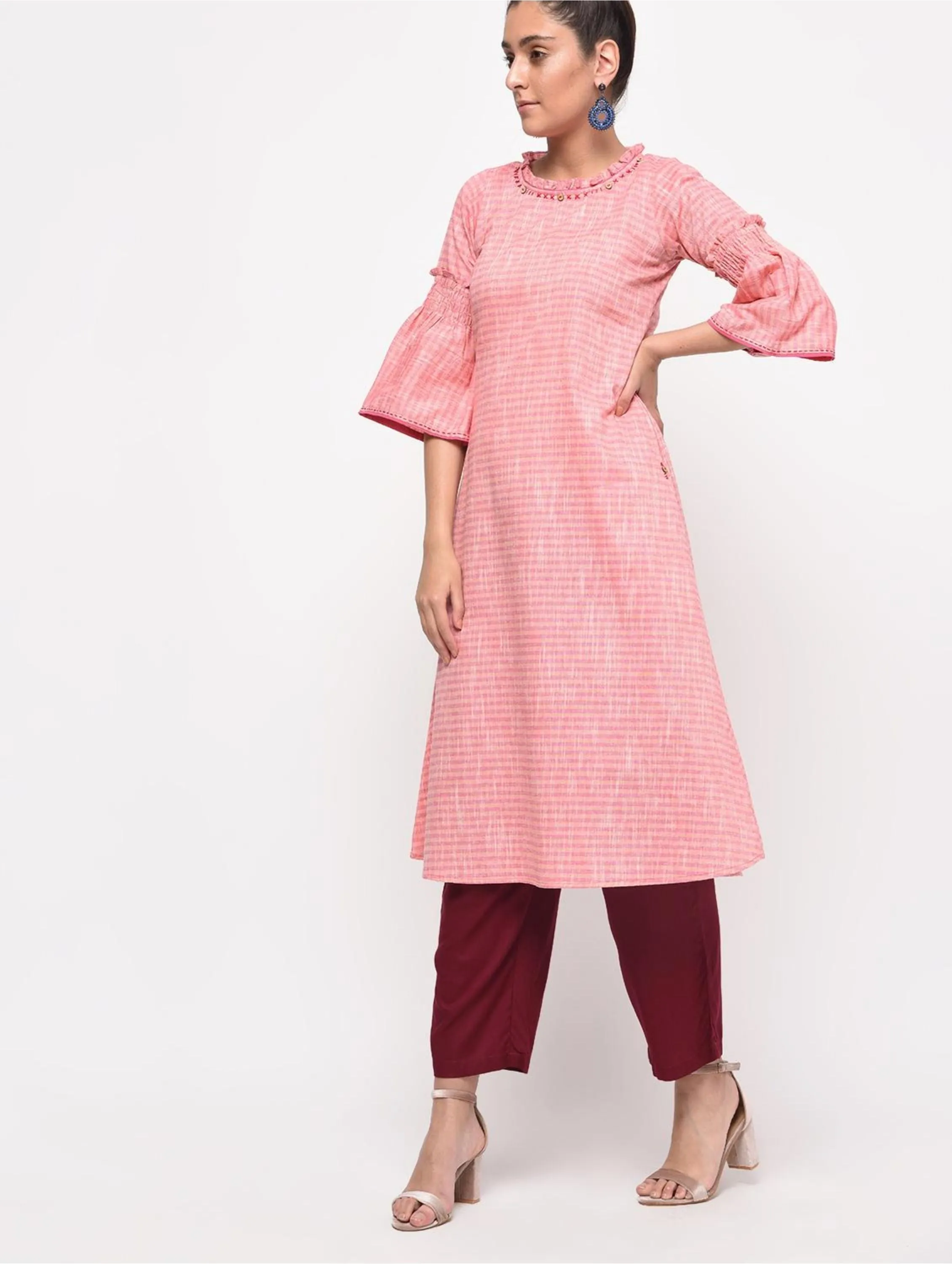 Bell Sleeves Pink A Line Kurta with Pockets