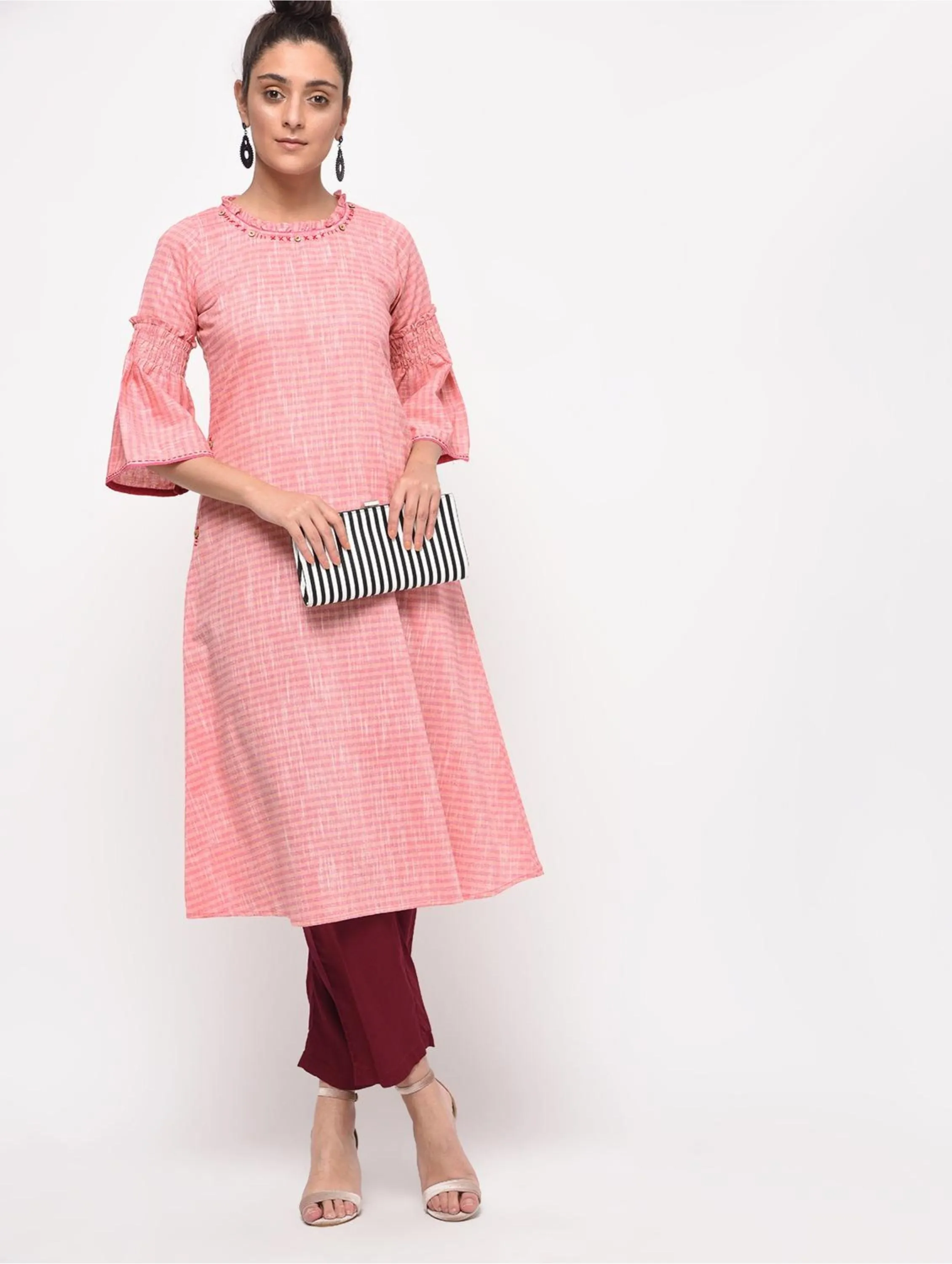 Bell Sleeves Pink A Line Kurta with Pockets