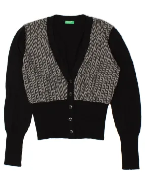 BENETTON Womens Crop Cardigan Sweater UK 12 Medium Black Herringbone Wool