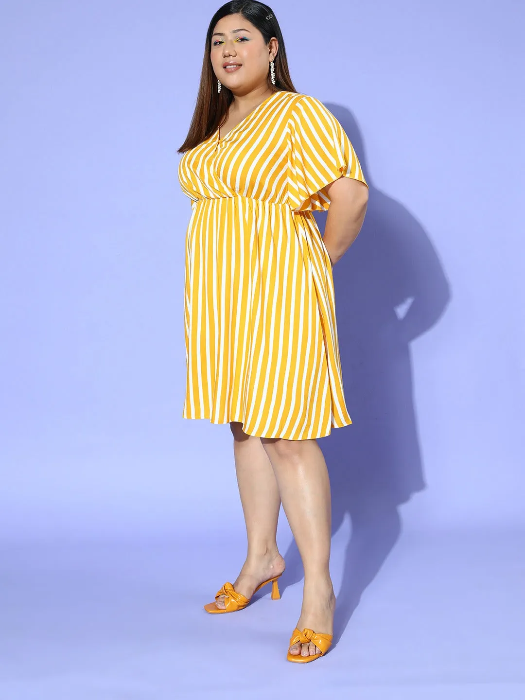 Berrylush Women Plus Size Yellow & White Striped Print V-Neck Flutter Sleeves Cotton Curved Hem Pleated A-line Mini Dress