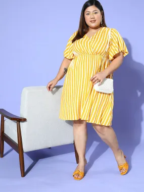 Berrylush Women Plus Size Yellow & White Striped Print V-Neck Flutter Sleeves Cotton Curved Hem Pleated A-line Mini Dress