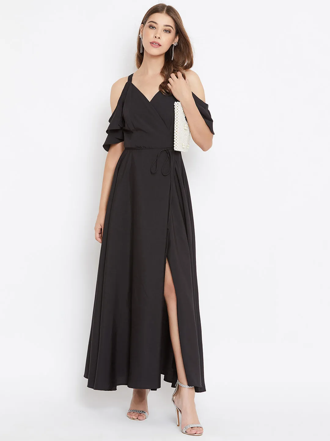 Berrylush Women Solid Black Cold Shoulder Wrap Maxi Dress