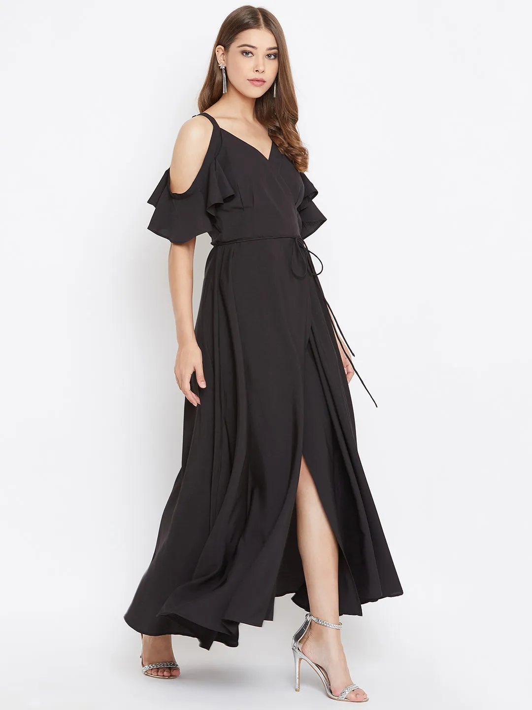 Berrylush Women Solid Black Cold Shoulder Wrap Maxi Dress