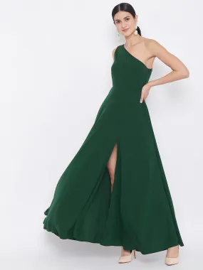 Berrylush Women Solid Dark Green One-Shoulder A-Line Maxi Dress