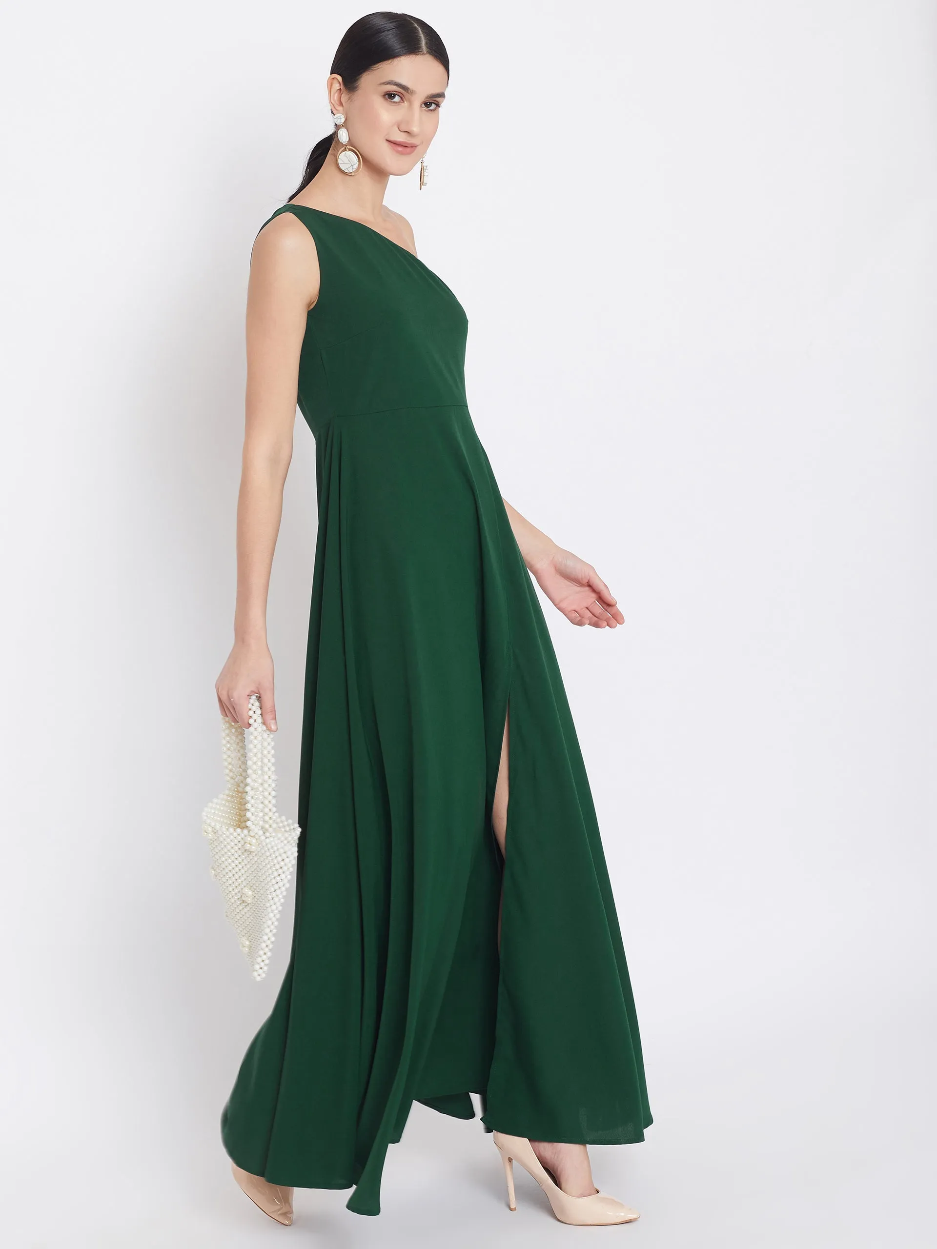 Berrylush Women Solid Dark Green One-Shoulder A-Line Maxi Dress