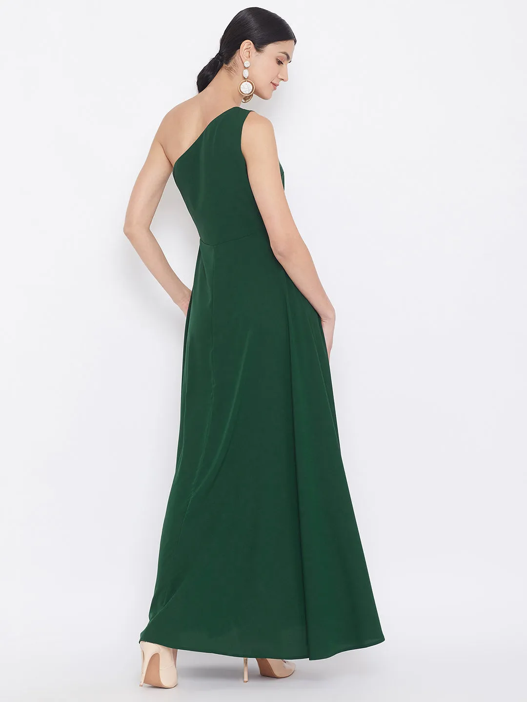 Berrylush Women Solid Dark Green One-Shoulder A-Line Maxi Dress