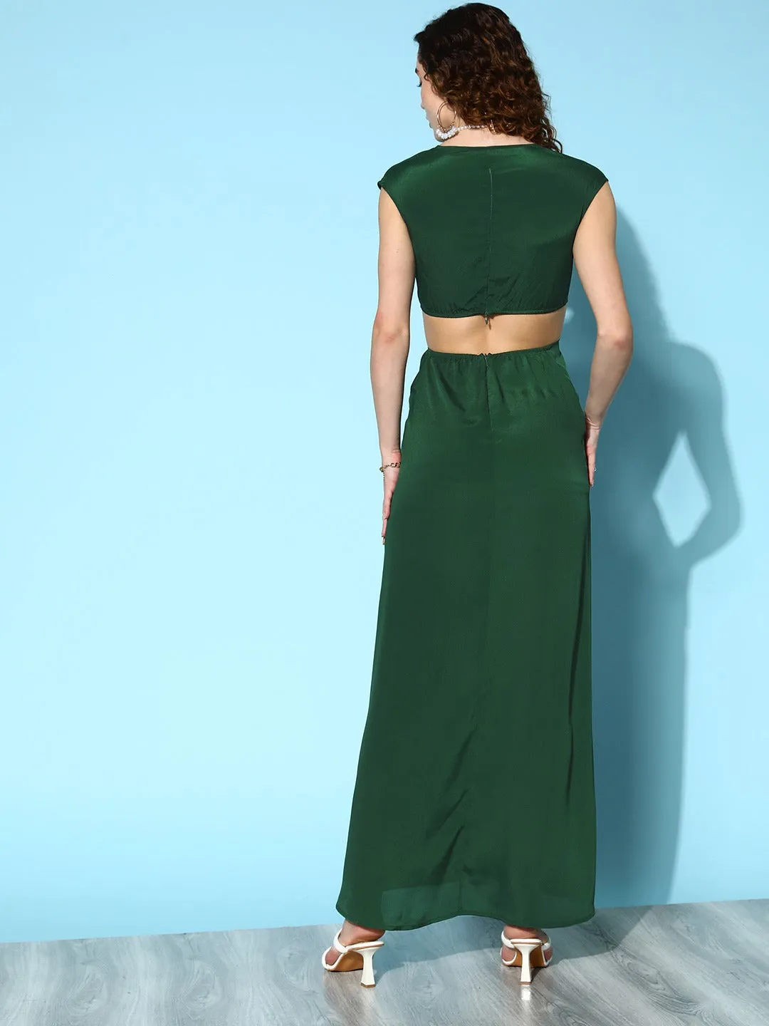 Berrylush Women Solid Green V-Neck Satin Cutout Thigh-High Hem Pleated A-Line Maxi Dress