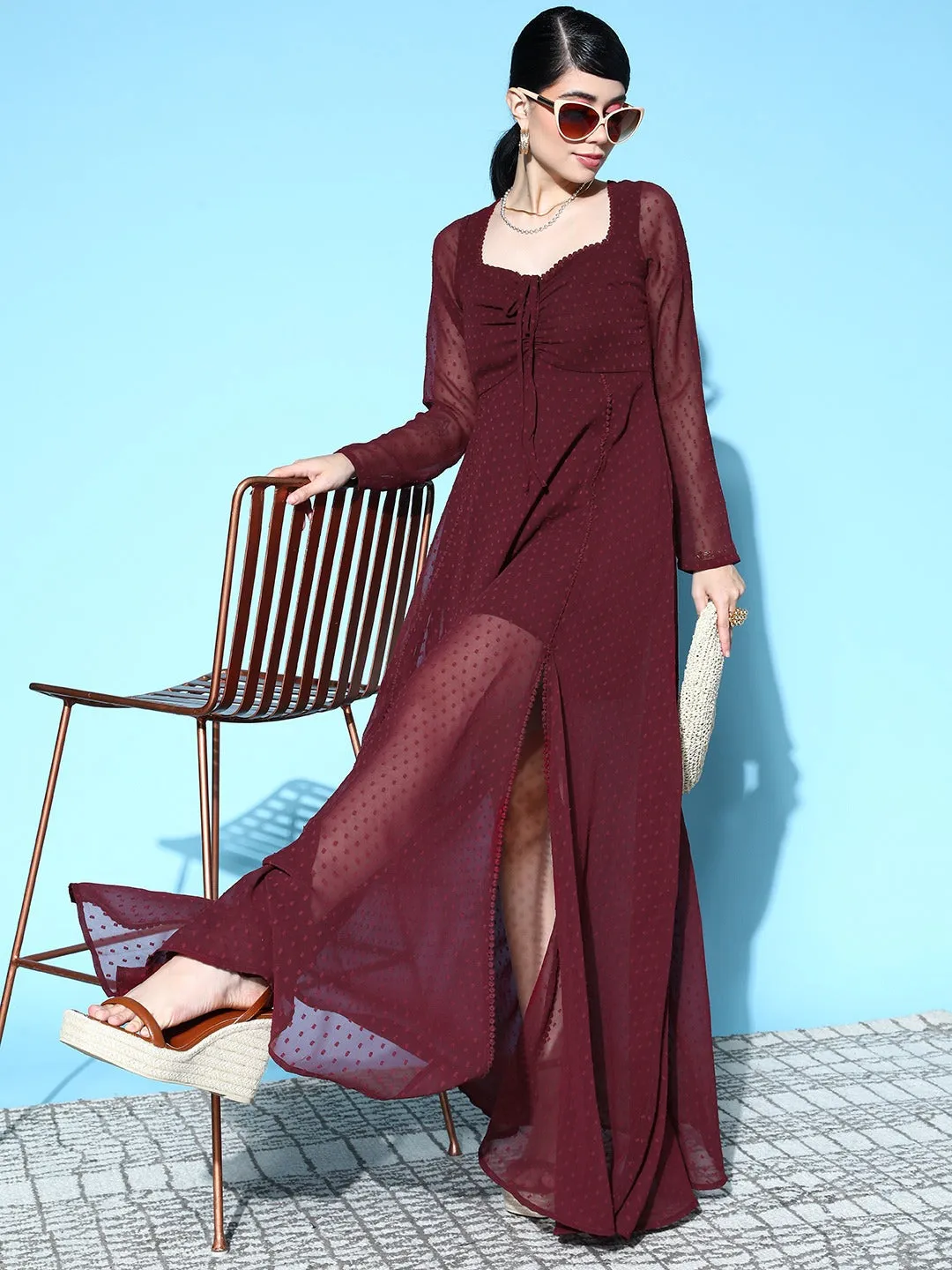 Berrylush Women Solid Maroon Dobby Weave Sweetheart Neck Tie-Up Backless Georgette Layered Fit & Flare Maxi Dress