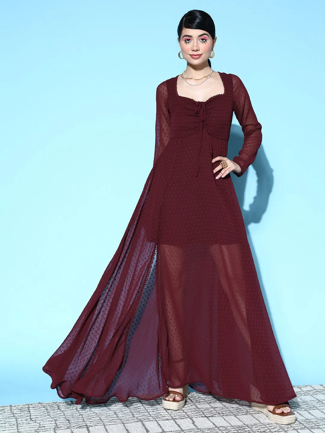 Berrylush Women Solid Maroon Dobby Weave Sweetheart Neck Tie-Up Backless Georgette Layered Fit & Flare Maxi Dress