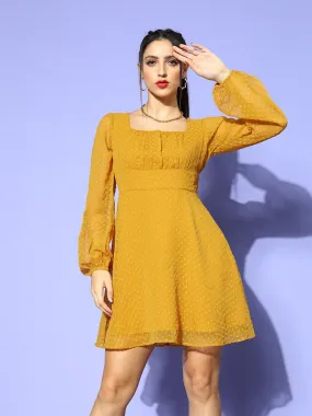 Berrylush Women Solid Mustard Yellow Dobby Weave Square Neck Pleated Fit & Flare Mini Dress